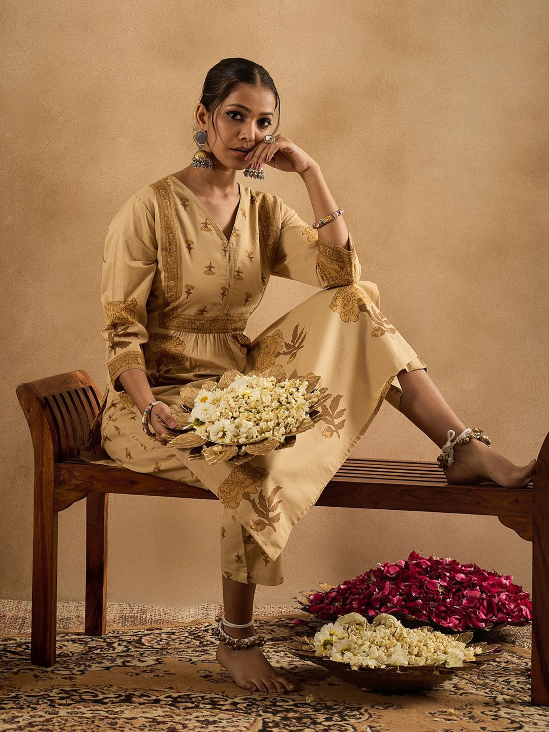 Floral Printed V-Neck Pleated Pure Cotton A-Line Kurta With Trouser