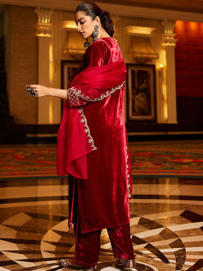 Dhiyona IE Women Ethnic Motifs Embroidered Regular Velvet Kurta with Trousers & With Dupatta