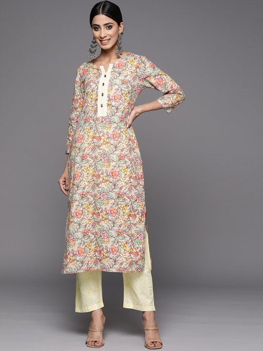 Dhiyona VA Women's Beige Floral Printed Beads and Stones Pure Cotton Kurta with Trousers