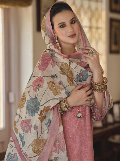 Dhiyona IE Floral Printed Thread Work Linen Kurta Set