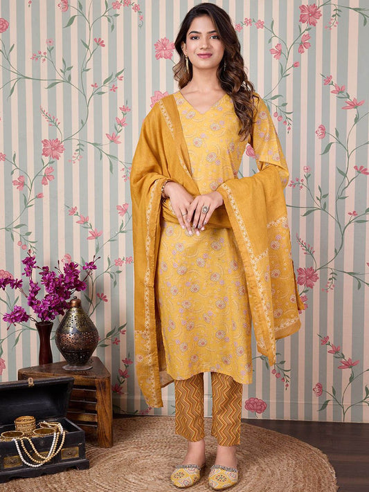 Dhiyona OD  Floral Printed Regular Pure Cotton Kurta with Trousers & Dupatta