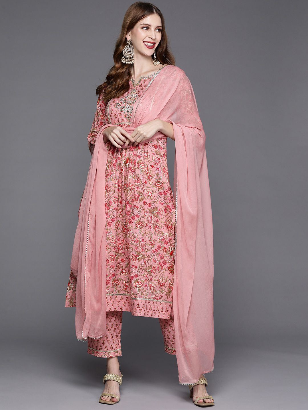 Dhiyona VA Women's Pink Printed Gotta Patti Pure Cotton Kurta with Trousers & Dupatta