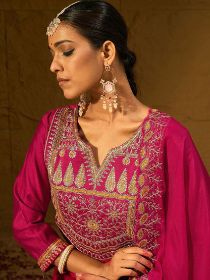 Dhiyona IE Ethnic Motifs Embroidered Sequinned Liva Straight Kurta With Trousers & Dupatta