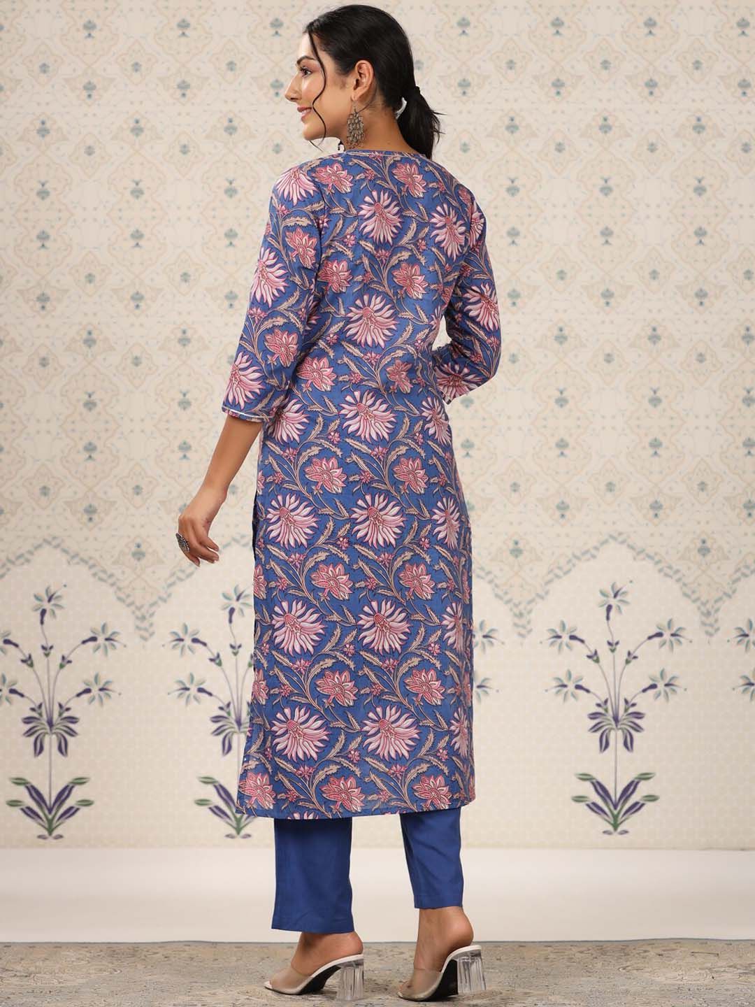Dhiyona OD  Blue Floral Printed Regular Pure Cotton Kurti with Trouser