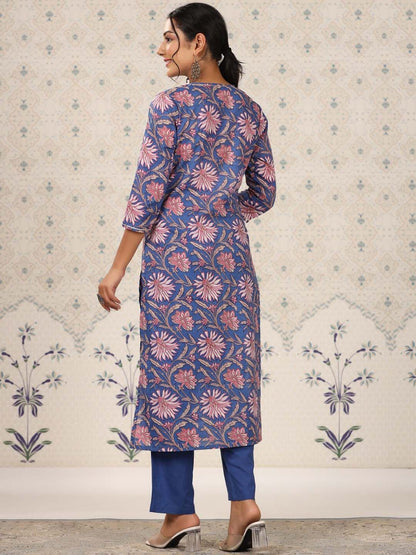 Dhiyona OD  Blue Floral Printed Regular Pure Cotton Kurti with Trouser