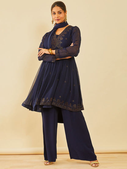 Dhiyona SO Women's Women Floral Embroidered Angrakha Beads and Stones Kurta with Palazzos & With Dupatta