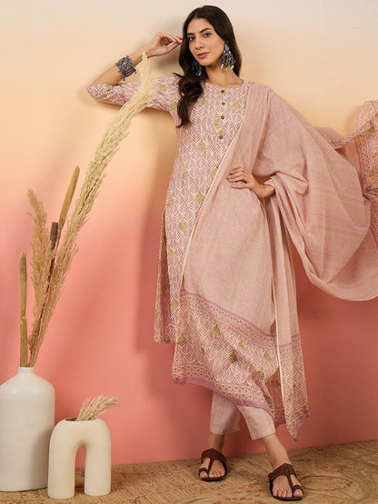 Dhiyona SN Women's Ethnic Motifs Printed Pure Cotton Kurta with Trousers & Dupatta