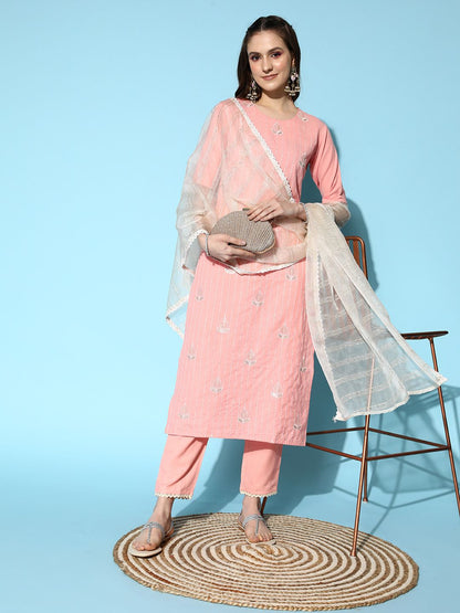 Women Peach-Coloured Ethnic Motifs Embroidered Sequinned Kurta Set