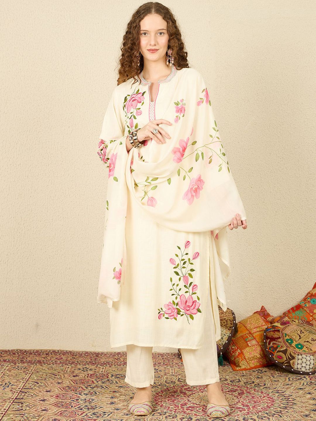Floral Embroidered Notch Neck Straight Kurta with Trousers & Dupatta