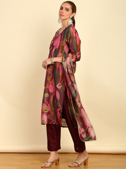 Dhiyona SO Women's Floral Printed Mirror Work Kurta With Trousers & Dupatta