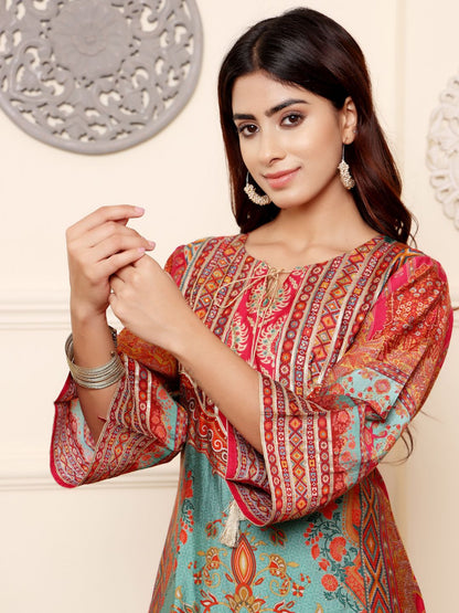 Dhiyona VA Women'sEthnic Motifs Printed Chanderi Silk Kurta With Trousers And Dupatta