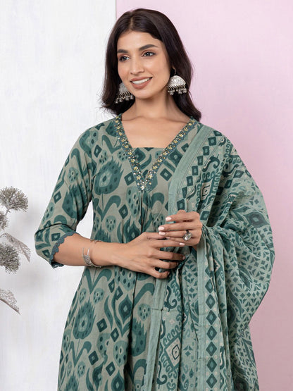 Dhiyona VA Women's Printed Regular Thread Work Pure Cotton Kurta with Trousers & With Dupatta