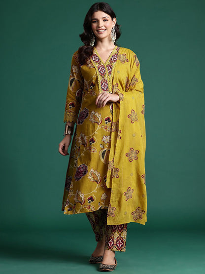 Dhiyona IE Ethnic Motifs Printed Sequinned Pure Cotton Kurta With Trousers & Dupatta