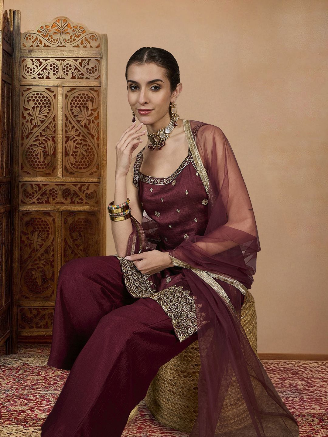 Dhiyona PD Women Embroidered Kurta, Palazzo & Dupatta Set