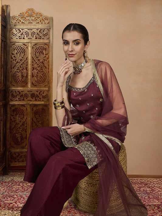 Dhiyona PD Women Embroidered Kurta, Palazzo & Dupatta Set