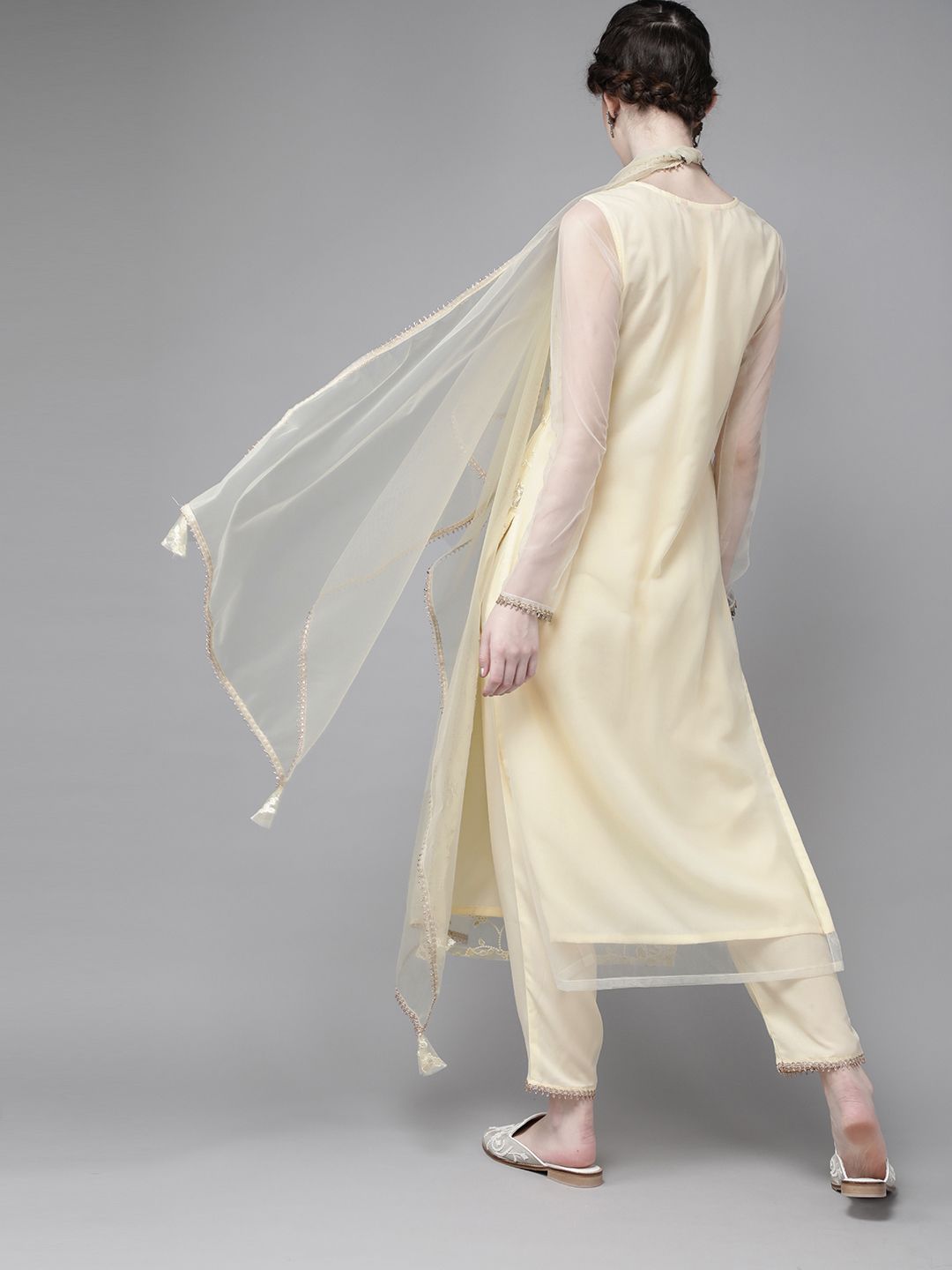 Dhiyona IE Women Yellow Ethnic Motifs Embroidered Thread Work Kurta with Trousers & Dupatta
