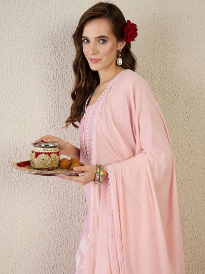 Floral Printed V Neck Straight Kurta With Trouser & Dupatta