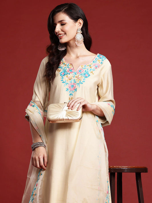 Dhiyona IE Floral Aari Work Embroidered Kurta with Trousers & Dupatta