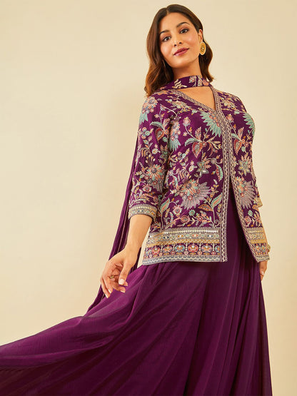 Dhiyona SO Women's Embroidered Regular Thread Work Straight Kurta with Sharara & With Dupatta