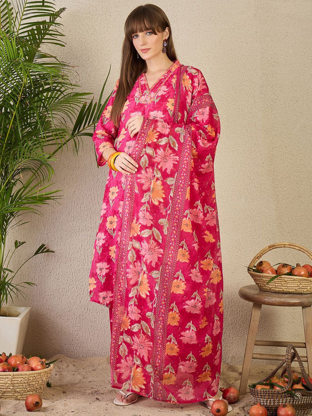 Dhiyona IE Women's Floral Printed Pleated Mirror Work Pure Cotton Kurta with Trousers & Dupatta
