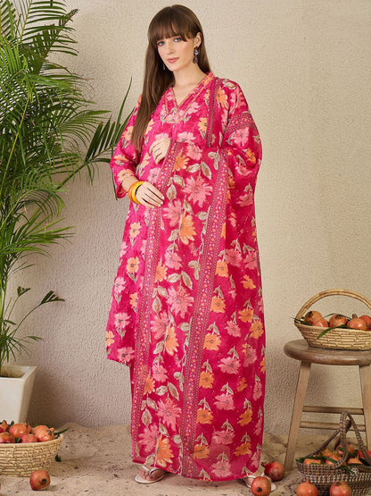 Dhiyona IE Women's Floral Printed Pleated Mirror Work Pure Cotton Kurta with Trousers & Dupatta