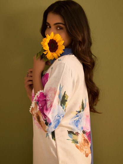 Floral Printed Beads and Stones Linen Straight Kurta with Trouser & Dupatta