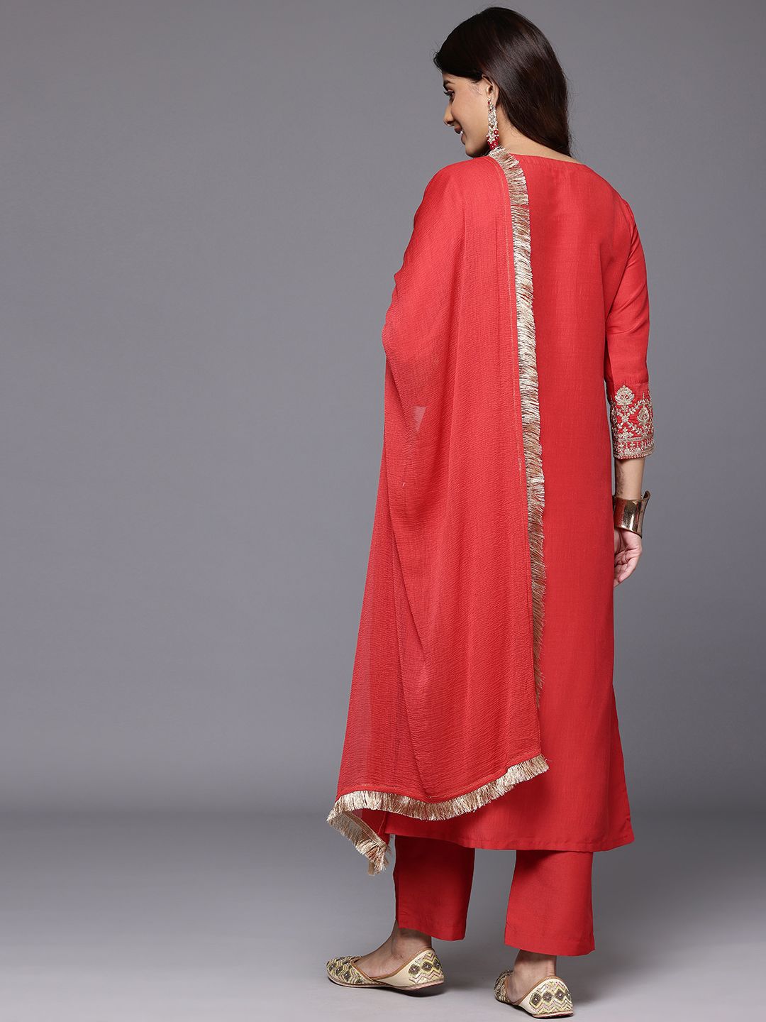 Dhiyona VA Women'sEthnic Motifs Zari Embroidered Sequinned Yoke Kurta & trouser With Dupatta