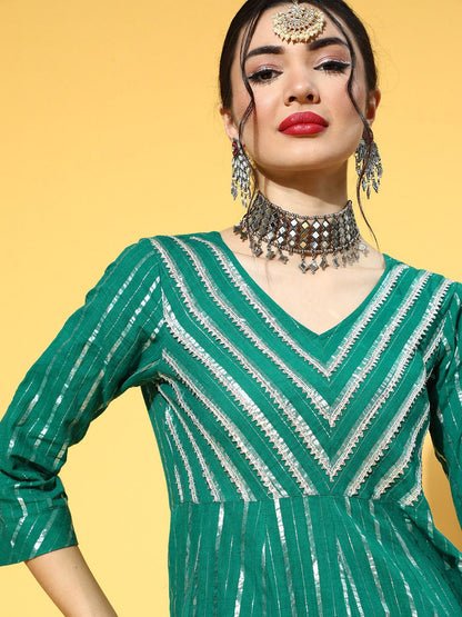 Dhiyona VA Women's Green & Silver Striped Gotta Patti Kurta Set