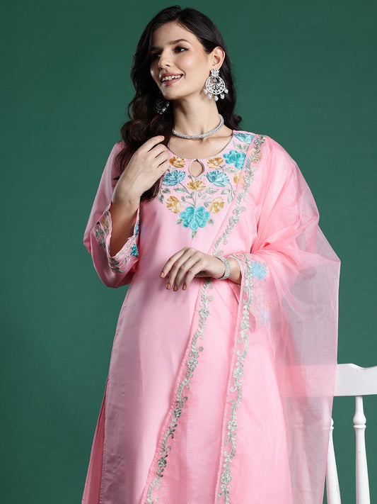 Dhiyona IE Floral Embroidered Thread Work Kurta With Trousers & Dupatta