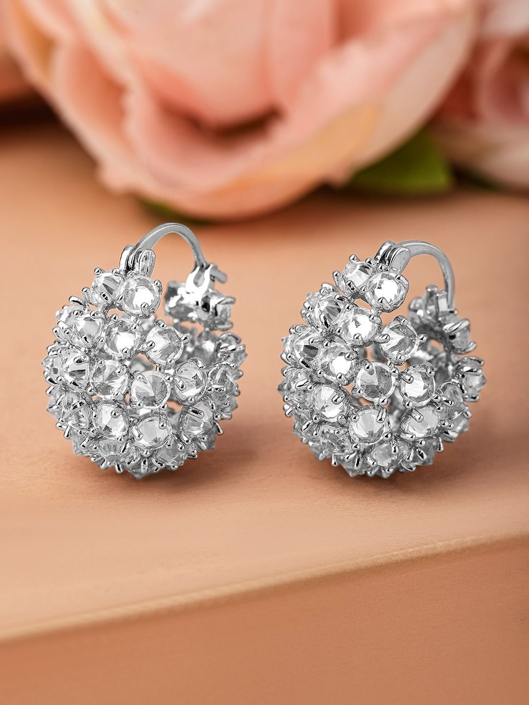 Dhiyona RJ Women's Rhodium-Plated Cubic Zirconia Cluster Design Statement Hoop Earrings
