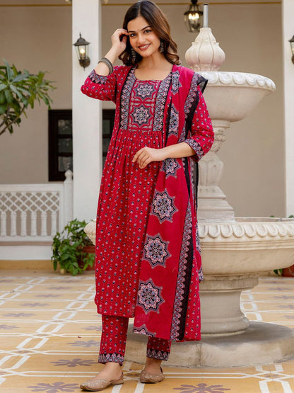 Ethnic Motifs Printed A Line Pure Cotton Kurta With Trousers & Dupatta