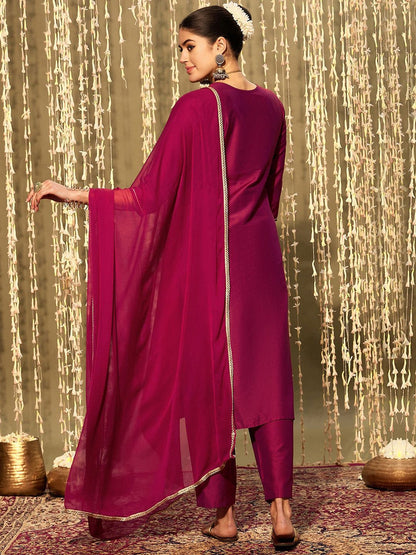 Dhiyona IE Magenta Ethnic Motifs Embroidered Straight Kurta & Trouser With Dupatta