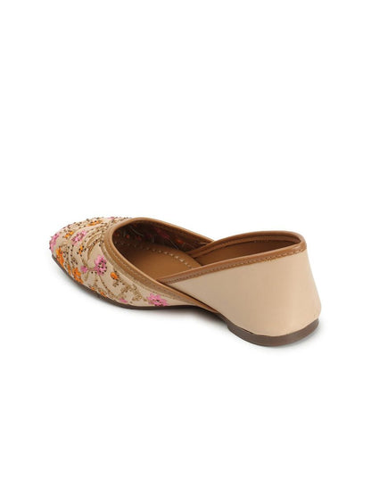 Dhiyona AK Cream-Coloured & Pink Embroidered Ethnic Mojaris