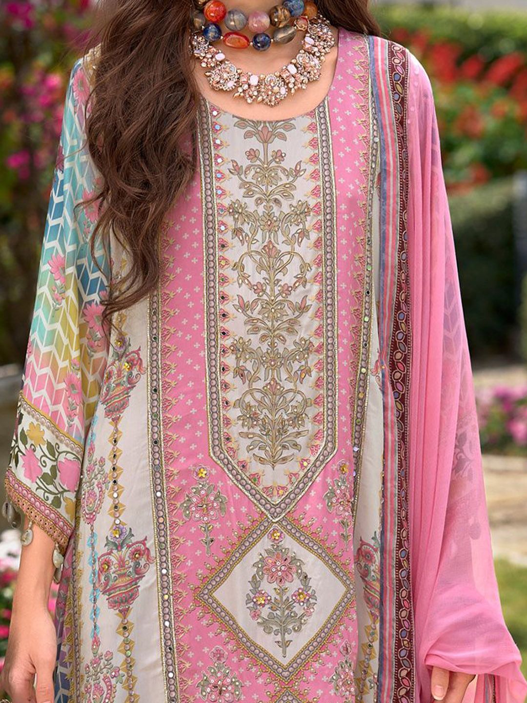 Women Floral Printed Regular Mirror Work Liva Kurta with Palazzos & With Dupatta