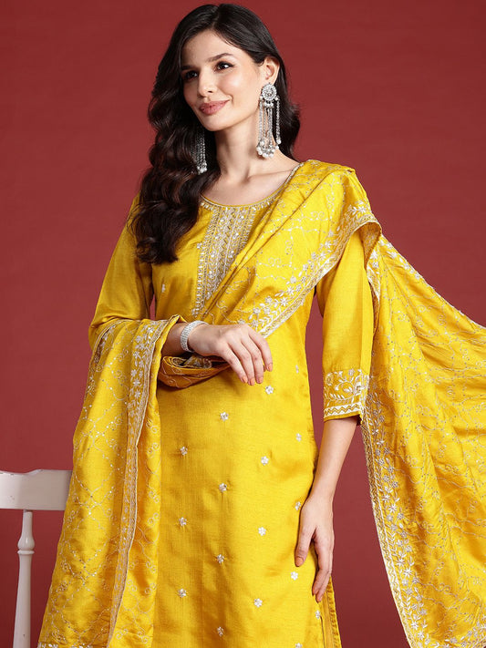 Dhiyona IE Floral Embroidered Sequinned Kurta With Trousers & Dupatta