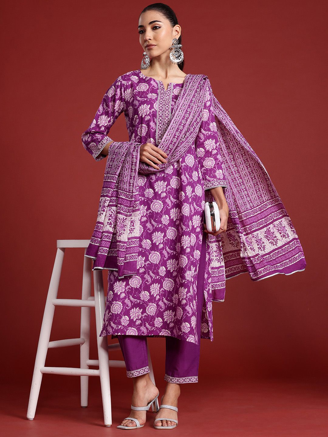 Floral Printed Mirror Work Pure Cotton Kurta With Trousers & Dupatta