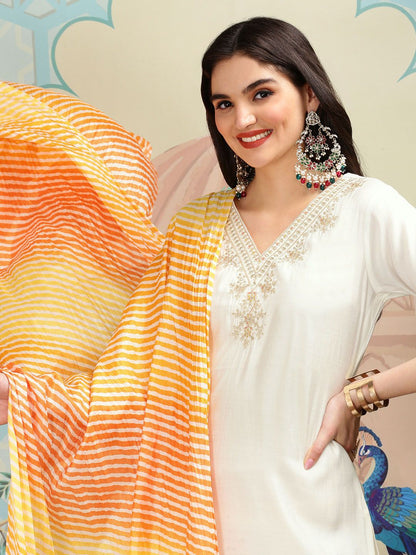 Dhiyona IS Women's Floral Yoke Design Thread Work Silk Chiffon Straight Kurta with Trousers & Dupatta