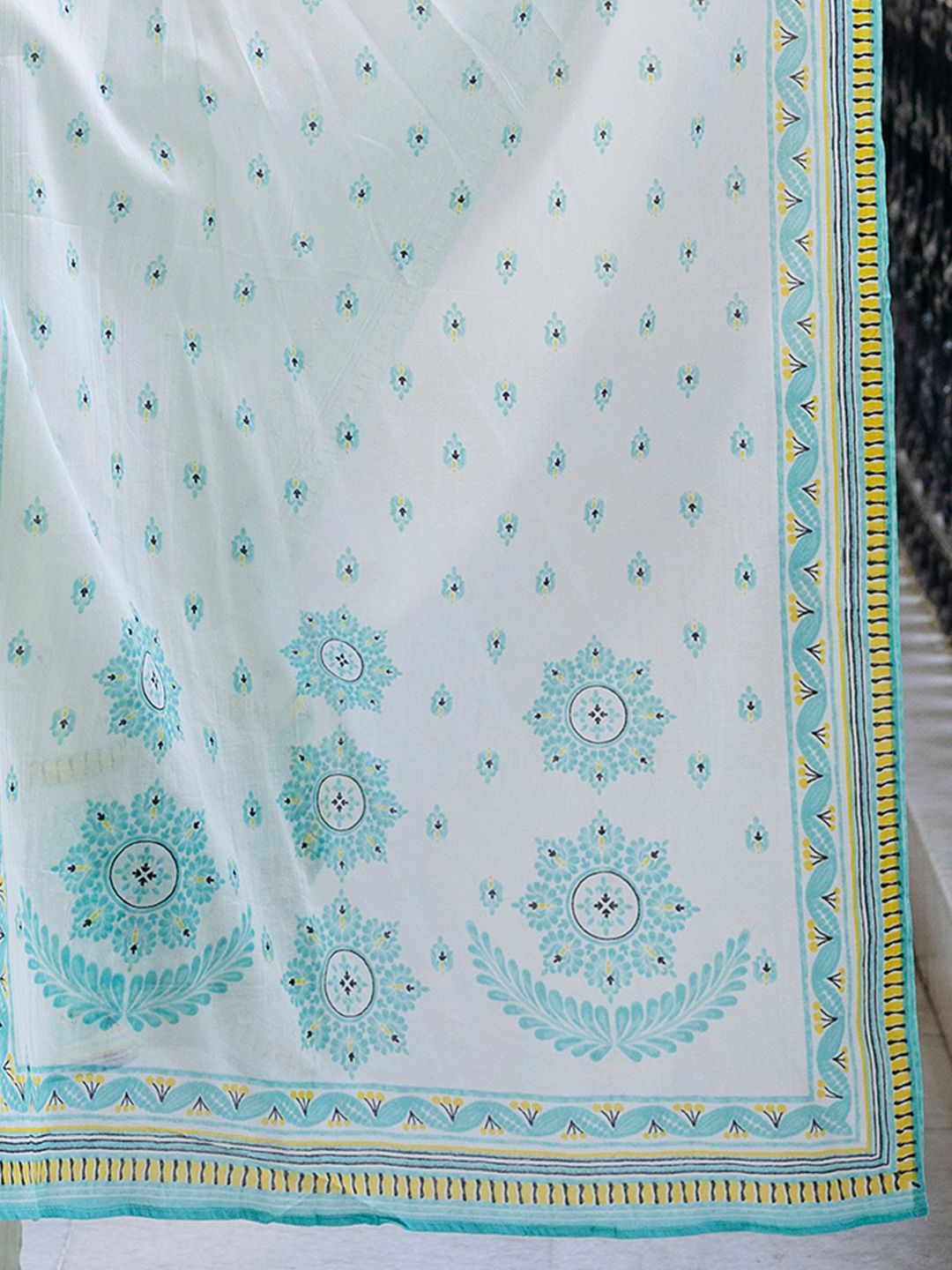 Dhiyona IE Floral Printed V-Neck Pleated Pure Cotton A-Line Kurta With Trouser And Dupatta