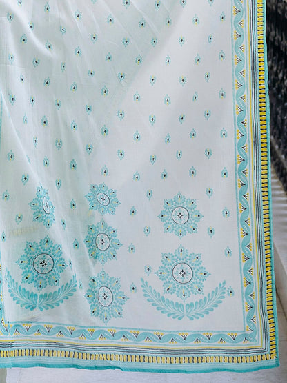 Dhiyona IE Floral Printed V-Neck Pleated Pure Cotton A-Line Kurta With Trouser And Dupatta