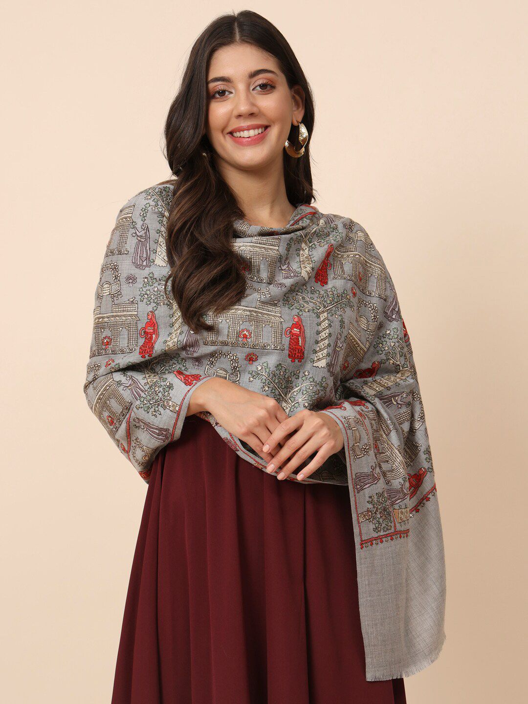Dhiyona PA Ethnic Motifs Embroidered Woolen Shawl