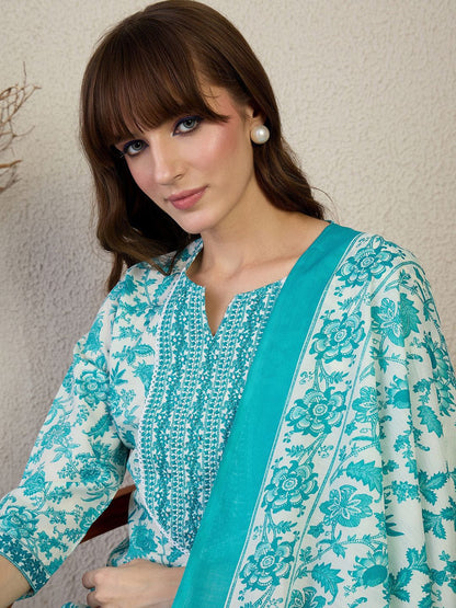 Floral Printed Straight Kurta With Trousers & Dupatta