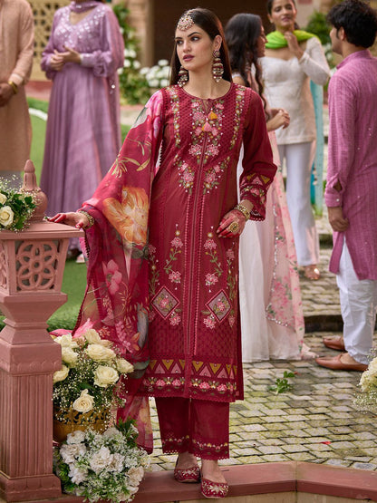 Women Floral Embroidered Regular Thread Work Kurta with Trousers & With Dupatta