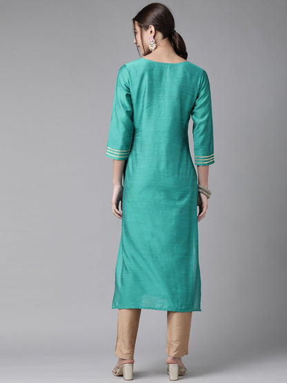 Dhiyona IE Women Sea Green Yoke Design Thread Work Floral Chanderi Silk Chanderi Silk Kurta