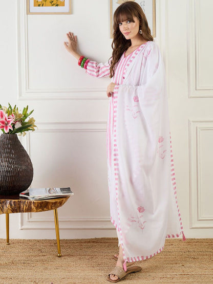 Striped Straight Kurta With Trouser & Dupatta