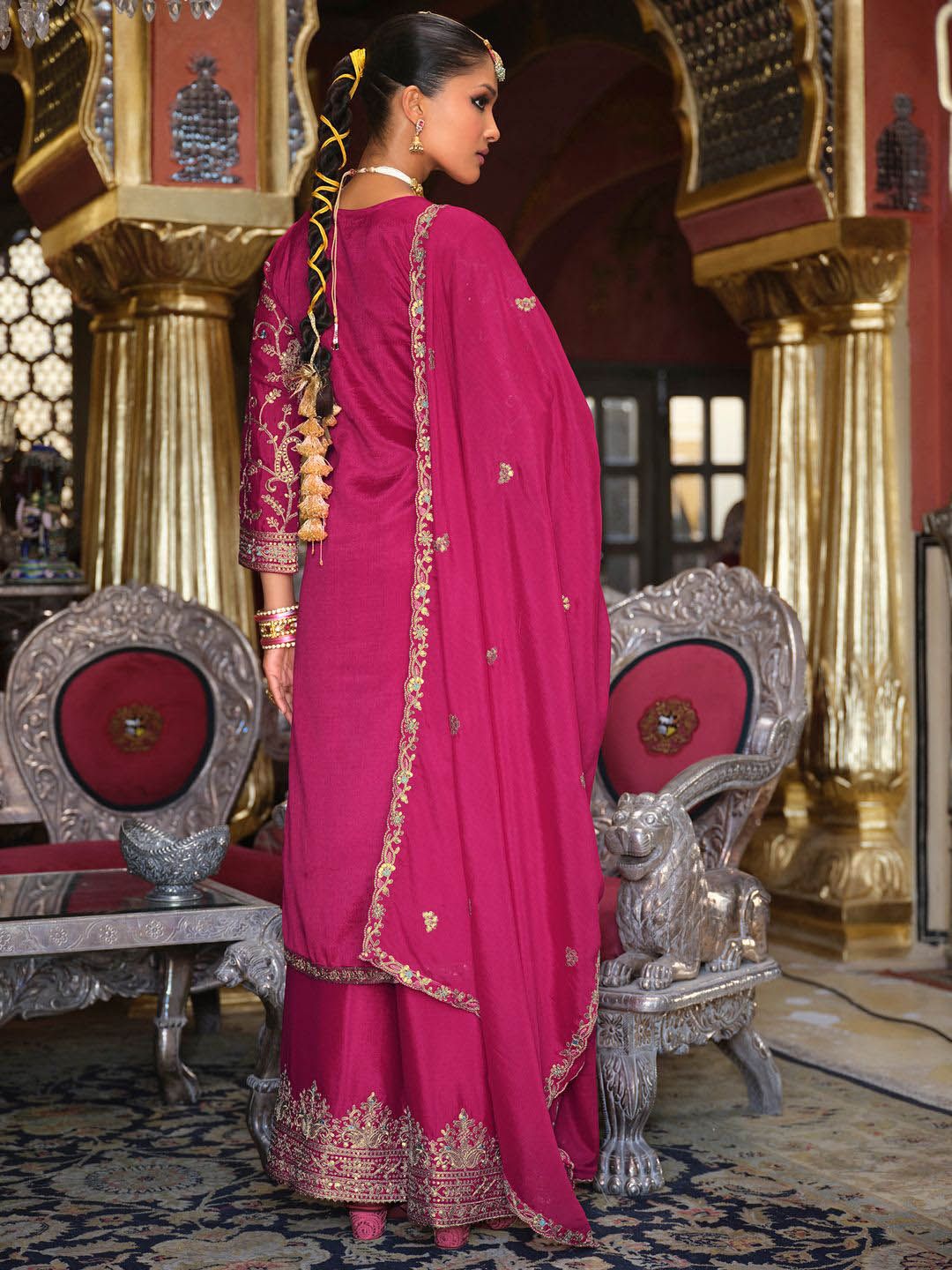 Adults-Women Woven Design Embroidered Kurta with Palazzos & Dupatta