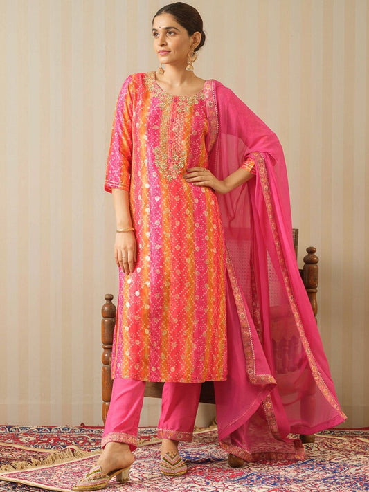 Dhiyona PD Women Pink Bandhani Printed Straight Kurta & Trousers With Dupatta