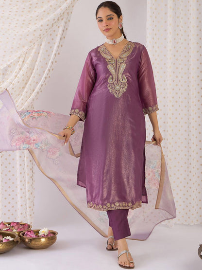 Dhiyona IE Paisley Yoke Design V-Neck Zari Straight Kurta With Trouser And Dupatta