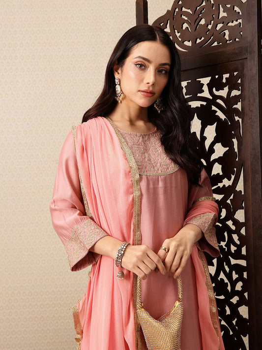 Dhiyona PD Women Floral Yoke Design Thread Work Kurta with Palazzos & Dupatta
