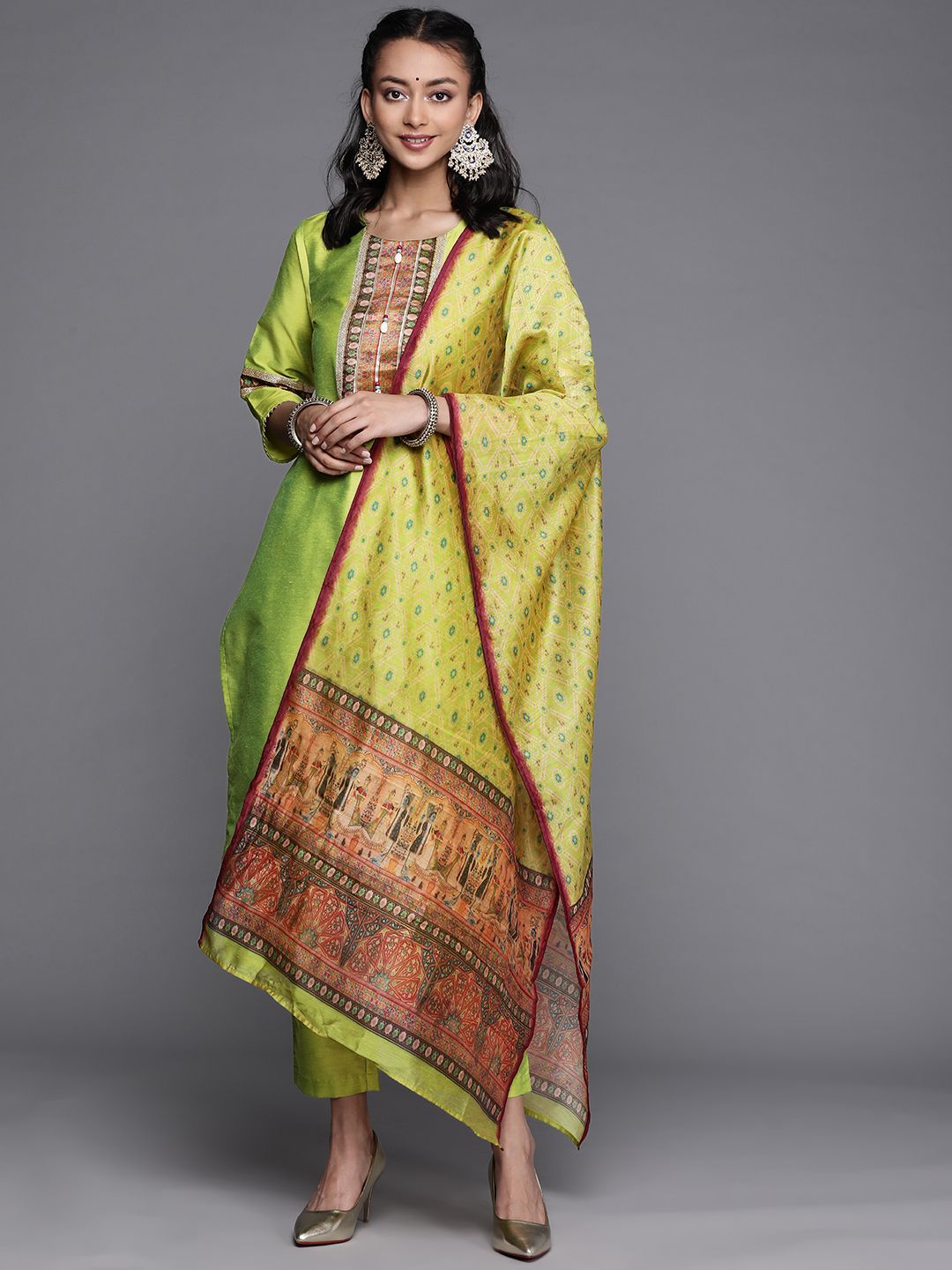 Dhiyona VA Women's Lime Green Ethnic Motifs Yoke Design Beads and Stones Kurta with Trousers & With Dupatta