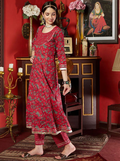 Dhiyona SN Women's Pink Floral Printed Mirror Work Pure Cotton A-Line Kurta Set